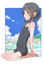 Rule 34 | 1girl, akari (raigou), arm support, bare shoulders, barefoot, black camisole, black hair, black shorts, blue sky, blunt bangs, blush, border, camisole, cloud, commentary request, full body, long hair, looking to the side, open mouth, original, outdoors, outside border, pointy ears, ponytail, pool, raigou, seiza, short shorts, shorts, sitting, sky, solo, sweatdrop, white border, yellow eyes