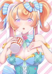 Rule 34 | 1girl, :o, absurdres, ahoge, aqua hair, bonnie (bunny gif), bow, breasts, bunny ayumi, carrot hair ornament, cleavage, cup, detached sleeves, disposable cup, drinking straw, food-themed hair ornament, food themed hair ornament, hair bow, hair ornament, hair ribbon, heart, heart-shaped pupils, highres, ichi-go, indie virtual youtuber, large breasts, multicolored eyes, multicolored hair, open mouth, orange hair, polka dot, polka dot background, purple eyes, ribbon, soda, solo, spill, streaked hair, striped, striped background, symbol-shaped pupils, twintails, two-tone hair, upper body, virtual youtuber