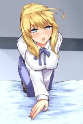 Rule 34 | 1girl, absurdres, ahoge, all fours, artoria pendragon (all), artoria pendragon (fate), artoria pendragon (lancer) (fate), black pantyhose, blonde hair, blouse, blue eyes, blue ribbon, blue skirt, blush, braid, braided bun, breasts, breasts squeezed together, cosplay, depo (typebaby505), fate/grand order, fate (series), full body, hair bun, highres, large breasts, long hair, long sleeves, looking at viewer, no shoes, on bed, open mouth, pantyhose, pencil skirt, ribbon, saber (fate), saber (fate) (cosplay), shirt, sidelocks, single hair bun, skirt, solo, sweatdrop, white shirt