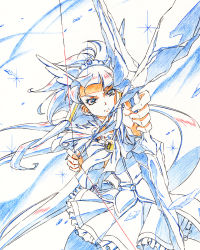 Rule 34 | 10s, 1girl, aoki reika, arrow (projectile), bad id, bad pixiv id, blue theme, bow (weapon), colored pencil (medium), cure beauty, foreshortening, gensei-225, monochrome, partially colored, precure, serious, smile precure!, solo, traditional media, weapon