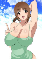 Rule 34 | 00s, 10s, 1girl, armpits, blush, breasts, brown hair, cleavage, covered erect nipples, hinako (issho ni training), huge breasts, issho ni training, smile, solo, tank top, twintails