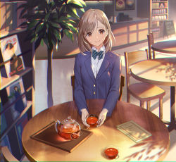 Rule 34 | 1girl, blazer, blue bow, blue bowtie, blue jacket, bow, bowtie, brown eyes, brown hair, buttons, cafe, chair, chromatic aberration, closed mouth, collared shirt, cup, day, dress shirt, highres, indoors, jacket, long hair, long sleeves, looking at viewer, magazine (object), menu, menu board, original, plant, potted plant, school uniform, shelf, shirt, sitting, smile, solo, striped bow, striped bowtie, striped clothes, striped neckwear, sunlight, table, tareme, tea, teacup, teapot, teffish, tray, upper body, white shirt, wing collar