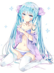Rule 34 | 1girl, absurdres, bad id, bad pixiv id, bare shoulders, bed sheet, blue eyes, blue hair, blush, bra, closed mouth, collarbone, commentary, floral background, hair between eyes, hair ornament, hair ribbon, highres, long hair, looking at viewer, no shoes, original, panties, purple bra, purple panties, purple rise, ribbon, sitting, solo, symbol-only commentary, thighhighs, tsukiyo (skymint), twintails, underwear, very long hair, wariza, white background, white thighhighs