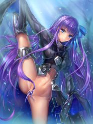 Rule 34 | 10s, 1girl, arm up, armor, armored boots, bad id, bad pixiv id, blue eyes, blue ribbon, blurry, blurry background, boots, closed mouth, crotch plate, fate/extra, fate/extra ccc, fate (series), groin, hair ribbon, hands in opposite sleeves, highres, juliet sleeves, leg up, light particles, long hair, long sleeves, looking at viewer, meltryllis (fate), navel, partially visible vulva, petals, puffy sleeves, purple hair, revealing clothes, ribbon, smile, solo, split, spread legs, standing, standing on one leg, stomach, thigh strap, thighs, turtleneck, very long hair, yahiro (heartseek000)