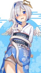 1girl @_@ absurdres amane_kanata amane_kanata_(new_year) angel_wings blue_hair blue_hakama blush breasts buket_pudding_i chinese_zodiac floral_print_hakama grey_hair hair_intakes hakama halo happy_new_year highres hololive japanese_clothes kimono looking_at_viewer new_year official_alternate_costume open_mouth panties pink_hair purple_eyes short_hair small_breasts snake solo star_halo sweatdrop underwear virtual_youtuber wavy_mouth white_kimono white_panties wings year_of_the_snake