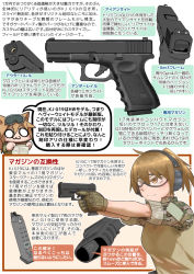 Rule 34 | 2girls, airsoft review illustrated, animal ears, blonde hair, breasts, brown eyes, chibi, diagram, didloaded, ear protection, earmuffs, eye protectors, glock, glock ges.m.b.h., gloves, gun, handgun, information sheet, iron sights, japanese text, kj works, laser pointer, laser sight, multiple girls, original, pistol, safety glasses, sidearm, text focus, toy gun, translation request, weapon, weapon focus, weapon profile, witness holes