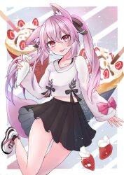 Rule 34 | 1girl, :3, absurdres, animal ears, ankle socks, blush, crepe, crop top, ear down, food, food on face, fruit, hair ribbon, highres, holding, karin (vrchat), long hair, long sleeves, midriff, original, pastry bag, pink eyes, pleated skirt, pocky, purple hair, ribbon, shoes, skirt, sleeve bow, smile, sneakers, socks, solo, sparkle, standing, standing on one leg, strawberry, thigh gap, tongue, tongue out, twintails, very long hair, vrchat, whipped cream, white lily030