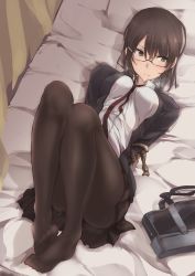 Rule 34 | 1girl, absurdres, bag, bdsm, bed, between breasts, black pantyhose, blush, bondage, bound, breasts, brown hair, feet, feet together, glasses, grey eyes, highres, jacket, legs, long sleeves, looking away, lying, necktie, necktie between breasts, no shoes, on back, on bed, open clothes, open jacket, original, pantyhose, pillow, pleated skirt, resized, rimless eyewear, rope, school bag, school uniform, shirt, short hair, skirt, solo, toes, touma kisa, upscaled, waifu2x, white shirt