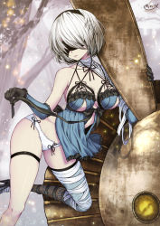 Rule 34 | 1girl, bandages, bare shoulders, blackcat (blackcatbox), blindfold, breasts, cosplay, gloves, hairband, highres, kaine (nier), kaine (nier) (cosplay), mole, mole under mouth, nier, nier (series), nier:automata, panties, short hair, silver hair, solo, sword, thighhighs, thighs, underwear, weapon, 2b (nier:automata)