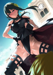 Rule 34 | 1girl, artist request, black dress, black hair, blush, clothes lift, dress, dress lift, highres, lifted by self, long hair, looking at viewer, red eyes, rom no hito, spread legs, spy x family, twilight (spy x family), yor briar