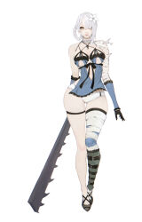 Rule 34 | 1girl, absurdres, bandaged leg, bandages, bare shoulders, bobobong, braid, breasts, closed mouth, commentary request, flower, frills, full body, gloves, gluteal fold, hair flower, hair ornament, hair over one eye, highres, jagged sword, kaine (nier), lingerie, lips, long hair, lunar tear, medium breasts, negligee, nier, nier (series), panties, shoes, simple background, sword, thigh strap, thighs, underwear, weapon, white background, white hair, yellow eyes