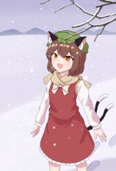 Rule 34 | 1girl, animal ear fluff, animal ears, bare tree, blurry, blurry foreground, blush, bow, bowtie, breasts, breath, brown eyes, brown hair, brown scarf, cat ears, cat girl, cat tail, chen, cowboy shot, depth of field, earrings, fang, frilled skirt, frills, green hat, hair between eyes, hat, highres, hihi (cvwv4322), jewelry, long sleeves, medium hair, mob cap, mountainous horizon, multiple tails, nekomata, open mouth, outdoors, red skirt, red vest, scarf, shirt, single earring, skirt, skirt set, small breasts, snow, snowing, solo, tail, touhou, tree, two tails, vest, white bow, white bowtie, white shirt, winter