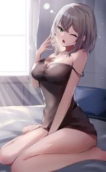 Rule 34 | 1girl, absurdres, bare legs, between legs, black dress, breasts, commentary request, curtains, dress, green eyes, hand between legs, highres, hololive, indoors, large breasts, looking at viewer, medium hair, nanashinayuzu mochi, on bed, one eye closed, open mouth, shirogane noel, silver hair, sitting, solo, strap slip, virtual youtuber, wariza, yawning