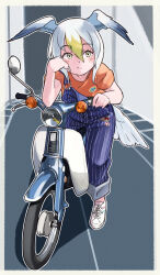 Rule 34 | 1girl, absurdres, alternate costume, bird girl, bird tail, bird wings, blonde hair, blue overalls, blush, casual, common gull (kemono friends), grey hair, head wings, highres, kemono friends, kemono friends 3, motor vehicle, motorcycle, multicolored hair, official alternate costume, orange shirt, overalls, pants, pants rolled up, pinstripe pattern, shirt, shoes, short hair, short sleeves, sneakers, solo, striped, suspenders, t-shirt, tail, toriny, white footwear, white hair, wings, yellow eyes