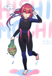Rule 34 | 1girl, alternate costume, barefoot, blush, bodysuit, breasts, clothes writing, diving suit, full body, hair ribbon, hishimochi, holding, i-168 (kancolle), kantai collection, long hair, net, open mouth, ponytail, red hair, ribbon, simple background, solo, text background, water, water drop, wetsuit, yuasa makoto