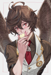 Rule 34 | 1boy, ahoge, bishounen, brown hair, brown shirt, brown wings, candy, chocolate, chocolate heart, commentary, commentary request, covered mouth, covering own mouth, cowboy shot, dress shirt, feathered wings, food, granblue fantasy, grey background, hair between eyes, hand on own face, heart, highres, light blush, looking at viewer, male focus, messy hair, necktie, official alternate costume, pink wings, red eyes, red necktie, sandalphon (granblue fantasy), shirt, short hair, sleeves rolled up, tekki (tki), upper body, vest, white vest, wings