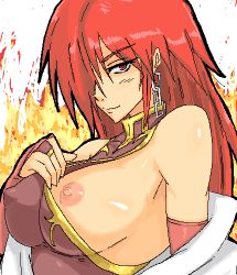 Rule 34 | 1girl, 69 (tranquilo), bad id, bad pixiv id, blush, breasts, chain, covered erect nipples, fire, hair over one eye, large breasts, long hair, lowres, nipples, no bra, one breast out, red eyes, red hair, solo