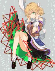 Rule 34 | 1girl, akizuki haruhi, arm warmers, black skirt, blonde hair, breasts, brown footwear, commentary request, detached sleeves, full body, green eyes, green nails, grey background, hair over one eye, hair ribbon, knees together feet apart, looking at viewer, medium breasts, medium hair, mizuhashi parsee, nail polish, one eye covered, pointy ears, ribbon, scarf, shoes, simple background, skirt, socks, solo, touhou, white ribbon, white scarf, white socks