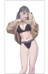 Rule 34 | 1girl, absurdres, blunt bangs, breasts, brown shirt, cleavage, clothes lift, grey hair, highres, holding, holding phone, lifted by self, lipstick, long hair, long legs, long sleeves, makeup, navel, open mouth, original, phone, selfie, shirt, shirt lift, simple background, solo, standing, tteogya, white background