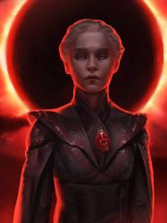 Rule 34 | 1girl, a song of ice and fire, alternate universe, artist request, behelit, berserk, blonde hair, blue eyes, crossover, daenerys targaryen, fur, game of thrones, highres, jewelry, long hair, looking at viewer, necklace, red background, solo, source request, spoilers, standing