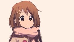 Rule 34 | 1girl, animated, animated gif, beige background, blinking, brown eyes, brown hair, buttons, coat, drawfag, female focus, hair ornament, hairclip, hirasawa yui, k-on!, pink scarf, scarf, short hair, simple background, solo, tareme, upper body, winter clothes, winter coat