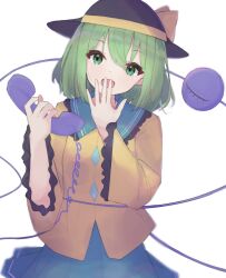 Rule 34 | 1girl, absurdres, black hat, character name, commentary request, green eyes, green hair, green skirt, hat, hat ribbon, highres, holding, holding phone, komeiji koishi, long sleeves, looking at viewer, matcha yado, phone, ribbon, shirt, short hair, simple background, skirt, solo, third eye, touhou, white background, yellow ribbon, yellow shirt