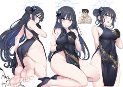 Rule 34 | 1boy, 1girl, alternate hairstyle, arm behind back, ass, back cutout, barefoot, black dress, black gloves, black hair, blue archive, breasts, butterfly hair ornament, china dress, chinese clothes, clothing cutout, colored inner hair, commentary, cosplay, covered navel, doodle sensei (blue archive), double bun, dress, gloves, grey eyes, hair bun, hair down, hair ornament, halo, high heels, holding, holding shoes, kisaki (blue archive), kisaki (blue archive) (cosplay), large breasts, long hair, multicolored hair, multiple views, pelvic curtain, saori (blue archive), sensei (blue archive), shoes, side slit, soles, taut clothes, taut dress, thighs, toes, very long hair, yougenko