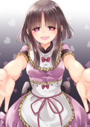 Rule 34 | 1girl, apron, blunt bangs, bow, breasts, brown hair, commentary request, cowboy shot, dress, foreshortening, frilled apron, frilled shirt collar, frills, gradient background, grey background, heart, heart-shaped pupils, highres, looking at viewer, medium breasts, mimoto (aszxdfcv), nishida satono, no headwear, open mouth, outstretched arms, pink bow, pink dress, pink eyes, pink ribbon, reaching, reaching towards viewer, red neckwear, ribbon, short hair with long locks, short sleeves, smile, solo, symbol-shaped pupils, touhou, waist apron, white apron, white background