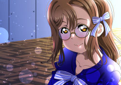 Rule 34 | 1girl, absurdres, artist name, artist request, blue dress, blush, bow, brown hair, collarbone, dress, female focus, glasses, hair bow, highres, indoors, isami don, kunikida hanamaru, light brown hair, long hair, looking at viewer, love live!, love live! school idol festival, love live! sunshine!!, parted lips, smile, solo, striped, striped bow, white bow, yellow eyes