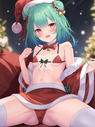 Rule 34 | 1girl, alternate costume, animal print, aqua nails, bare shoulders, bell, bikini, blue hair, blurry, blurry background, blush, bow, breasts, bug, butterfly, butterfly-shaped pupils, butterfly print, christmas, christmas tree, collar, commentary, crotch, dress, fang, gradient hair, green hair, hair between eyes, hair ornament, hat, highres, hololive, insect, jingle bell, kurono yuzuko, looking at viewer, multicolored hair, navel, night, night sky, open mouth, red bikini, red eyes, red ribbon, ribbon, santa bikini, santa costume, santa dress, santa hat, short hair, sitting, skin fang, skull, skull hair ornament, sky, small breasts, solo, spread legs, sweat, swimsuit, symbol-shaped pupils, thighs, uruha rushia, virtual youtuber, white collar