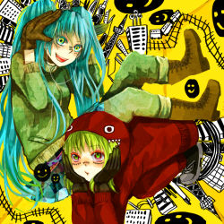Rule 34 | 2girls, :d, ankle boots, bad id, bad pixiv id, black gloves, blue hair, boots, brown footwear, brown gloves, gloves, green eyes, green hair, gumi, hatsune miku, highres, hood, hoodie, long hair, looking at viewer, matryoshka (vocaloid), miyake achi, multiple girls, open mouth, short hair, smile, very long hair, vocaloid