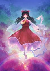 Rule 34 | 1girl, black hair, bow, brown socks, closed mouth, detached sleeves, floating hair, frilled bow, frills, full body, hair bow, hair tubes, hakurei reimu, highres, holding, holding staff, long hair, long skirt, long sleeves, looking at viewer, necktie, purple eyes, red bow, red shirt, red skirt, ribbon-trimmed sleeves, ribbon trim, shirt, skirt, sleeveless, sleeveless shirt, smile, socks, solo, staff, touhou, white sleeves, white socks, wide sleeves, yaguremaru, yellow necktie