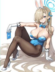Rule 34 | 1girl, 2ta2ta, absurdres, animal ears, asuna (blue archive), asuna (bunny) (blue archive), black pantyhose, blue archive, blue bow, blue bowtie, blue eyes, blue halo, blue leotard, blue ribbon, blush, bow, bowtie, breasts, card, cleavage, commentary, detached collar, english commentary, fake animal ears, fake tail, full body, gloves, grin, hair over one eye, hair ribbon, halo, high heels, highres, holding, holding card, large breasts, leotard, light brown hair, long hair, mole, mole on breast, official alternate costume, pantyhose, playboy bunny, rabbit ears, rabbit tail, ribbon, simple background, smile, solo, strapless, strapless leotard, tail, very long hair, white background, white footwear, white gloves