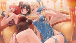 Rule 34 | 2girls, armpits, bare arms, black dress, black hair, blonde hair, blue dress, blue panties, blue ribbon, blurry, blurry foreground, breasts, bun cover, chain paradox, china dress, chinese clothes, cleavage, closed mouth, dress, hair between eyes, hair ribbon, hand fan, hand on another&#039;s hip, highres, holding, holding fan, indoors, long hair, looking at viewer, medium breasts, multiple girls, open mouth, panties, purple eyes, red eyes, red ribbon, ribbon, side ponytail, skindentation, sleeveless, sleeveless dress, smile, thigh strap, tokimaru, underwear, very long hair