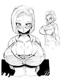 Rule 34 | android 18, basara, breasts, cleavage, dragon ball, dragonball z, glasses, huge breasts, looking at viewer, lowres, monochrome