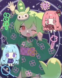 Rule 34 | 3girls, arm up, blue hair, blunt bangs, blush stickers, character mask, checkered sash, chibi, chibi inset, clenched hand, commentary request, cowboy shot, fireworks, floral print, flower knot, green kimono, hand up, hands in opposite sleeves, heart, heart-shaped pupils, highres, howahowa kanmiryou, japanese clothes, kimono, kotonoha akane, kotonoha aoi, looking at viewer, mask, multiple girls, obi, odorobo (neutrino), one eye closed, pink eyes, pink hair, print kimono, purple eyes, sash, short kimono, short yukata, star (symbol), starry background, symbol-shaped pupils, tareme, voiceroid, voicevox, wide sleeves, yukata, zundamon