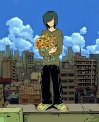 Rule 34 | 1boy, black eyes, black hair, blue sky, building, city, cityscape, closed mouth, cloud, commentary request, dated, day, dot nose, expressionless, flower, full body, green shirt, hair over one eye, highres, imminent suicide, long bangs, long sleeves, hugging object, original, outdoors, pants, rooftop, sandals, shirt, sky, solo, standing, touma (the ba97), track pants, tube, twitter username, wind, yellow flower