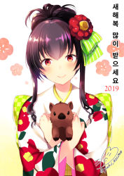 Rule 34 | 1girl, 2019, animal, animal hug, azuma yuki, blush, boar, bow, brown hair, checkered bow, checkered clothes, closed mouth, floral print, flower, green bow, hair between eyes, hair bow, hair flower, hair ornament, happy new year, japanese clothes, kimono, korean text, long hair, long sleeves, new year, original, print kimono, red eyes, red flower, sidelocks, signature, smile, solo, striped, striped bow, translation request, twitter username, upper body, white background, white kimono, wide sleeves