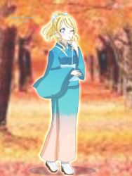 Rule 34 | 1girl, ;), aqua bow, aqua kimono, artist name, artist request, autumn, autumn leaves, ayase eli, blonde hair, blue eyes, blurry, blurry background, blush, bow, breasts, female focus, floating hair, full body, hair between eyes, hair bow, high ponytail, highres, japanese clothes, kimono, long hair, long sleeves, looking at viewer, love live!, love live! school idol project, obi, one eye closed, otohime 0219, parted lips, ponytail, sandals, sash, short hair, smile, solo, wide sleeves, wink