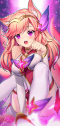 Rule 34 | 1girl, ahri (league of legends), alternate costume, alternate eye color, alternate hair color, alternate hairstyle, animal ears, bad id, bad pixiv id, blurry, boots, breasts, depth of field, facial mark, heart, heart-shaped pupils, highres, league of legends, lips, lipstick, makeup, purple background, purple eyes, sitting, skirt, smile, solo, star guardian (league of legends), star guardian ahri, symbol-shaped pupils, thigh boots, thighhighs, whisker markings, white thighhighs