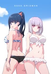 Rule 34 | 10s, 2girls, arms behind back, ass, back, bad id, bad pixiv id, bare arms, bare back, bare shoulders, bikini, black hair, blue eyes, blue ribbon, blue sky, blush, breasts, butt crack, cleavage, closed mouth, collarbone, commentary request, contrapposto, copyright name, cowboy shot, dimples of venus, frilled bikini, frills, from behind, front-tie bikini top, front-tie top, gluteal fold, gridman universe, halterneck, hand on own arm, highres, large breasts, light purple hair, long hair, looking at viewer, medium breasts, multi-strapped bikini, multiple girls, narynn, open mouth, pink eyes, ponytail, ribbon, shinjou akane, short hair, shoulder blades, side-tie bikini bottom, sideboob, single sidelock, sky, smile, ssss.gridman, striped bikini, striped clothes, swimsuit, takarada rikka, teeth, upper teeth only, white bikini, white ribbon