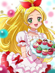 Rule 34 | 1girl, :d, adapted costume, blonde hair, bow, candy, candy cane, choker, christmas, collarbone, cupcake, cure rhythm, earrings, food, frills, green eyes, hair bow, hair ornament, hairband, heart, heart earrings, holding, holding plate, jewelry, kagami chihiro, layered skirt, long hair, looking at viewer, magical girl, minamino kanade, open mouth, plate, polka dot, polka dot background, precure, puffy sleeves, red bow, red skirt, ribbon choker, skirt, smile, solo, star (symbol), star hair ornament, suite precure, upper body, white choker, white hairband, white skirt, wrist cuffs