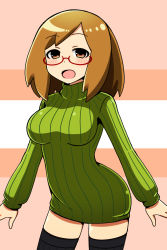 Rule 34 | 1girl, bad id, bad pixiv id, black thighhighs, breasts, brown eyes, brown hair, female focus, glasses, green shirt, large breasts, looking at viewer, nikki (swapnote), nintendo, nishiki mikado, open mouth, pink background, red-framed eyewear, ribbed sweater, shirt, short hair, smile, solo, swapnote, sweater, thighhighs, zettai ryouiki