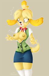 Rule 34 | 1girl, animal crossing, animal ears, beige background, blonde hair, blue skirt, blush stickers, breasts, brown eyes, claws, constricted pupils, detruo, dog ears, dog girl, dog tail, female focus, furry, furry female, green vest, hair tie, hands up, isabelle (animal crossing), medium breasts, miniskirt, motion lines, neck ribbon, nintendo, nipples, no bra, open clothes, open mouth, open shirt, outline, popped button, red ribbon, ribbon, shirt, short hair, short sleeves, simple background, skindentation, skirt, solo, standing, surprised, tail, thighhighs, topknot, vest, wardrobe malfunction, white outline, white shirt, white thighhighs, zettai ryouiki