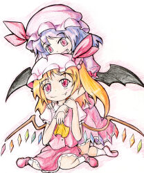 Rule 34 | 2girls, ascot, bat wings, black wings, blonde hair, bow, buttons, closed mouth, collared shirt, colored pencil (medium), fang, fang out, flandre scarlet, frilled shirt collar, frills, full body, hat, highres, janas, long hair, looking at another, looking at viewer, mary janes, medium hair, mob cap, multicolored wings, multiple girls, one side up, open mouth, pink headwear, pink skirt, puffy short sleeves, puffy sleeves, purple hair, red bow, red eyes, red footwear, red skirt, red vest, remilia scarlet, shikishi, shirt, shoes, short sleeves, siblings, simple background, sisters, skirt, sleeve bow, socks, touhou, traditional media, vest, white background, white headwear, white socks, wings, yellow ascot