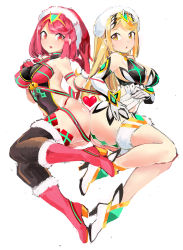 Rule 34 | 2girls, blonde hair, breasts, christmas, gloves, heart, highres, jewelry, large breasts, leotard, long hair, multiple girls, mythra (xenoblade), pyra (xenoblade), red eyes, red hair, short hair, skindentation, thick thighs, thighs, tim (a9243190a), xenoblade chronicles (series), xenoblade chronicles 2, yellow eyes