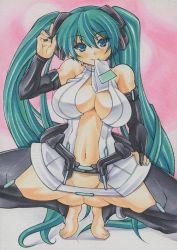 Rule 34 | 1girl, blush, breasts, cleavage, green eyes, green hair, groin, hatsune miku, large breasts, long hair, looking at viewer, matching hair/eyes, mouth hold, no panties, pink background, revealing clothes, smile, solo, spread legs, traditional media, twintails, very long hair, vocaloid, vocaloid append, yutakasan-love