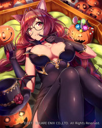 Rule 34 | 1girl, animal ears, black dress, braid, breasts, breasts apart, brown hair, cat ears, choker, cleavage, cloak, closed mouth, detached collar, dress, fang, finger to mouth, glasses, gloves, hat, unworn hat, unworn headwear, highres, large breasts, long hair, looking at viewer, lying, mappaninatta, necktie, unworn necktie, official art, on back, purple eyes, see-through, smile, solo, strapless, strapless dress, thighhighs, twin braids, undressing, venus rumble, watermark