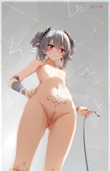 Rule 34 | 1girl, absurdres, anus, bandaged arm, bandages, breasts, bronya zaychik, cable, cleft of venus, closed mouth, completely nude, cowboy shot, drill hair, earrings, ejieaa, grey background, grey hair, hair between eyes, hair ornament, hand on own hip, highres, holding, honkai (series), honkai impact 3rd, jewelry, looking at viewer, looking down, navel, nipples, nude, prometheus (honkai impact), pubic tattoo, pussy, red eyes, ring, small breasts, solo, standing, syringe, tattoo, twin drills, uncensored, usb, usb cable, white hair