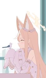 Rule 34 | 1girl, animal, animal ear fluff, animal ears, bare shoulders, bird, blonde hair, blue archive, blush, detached sleeves, dress, extra ears, fox ears, from side, halo, highres, long hair, open mouth, profile, reia 76, seia (blue archive), sleeves past fingers, sleeves past wrists, solo, white bird, white dress, white sleeves, yellow eyes, yellow halo